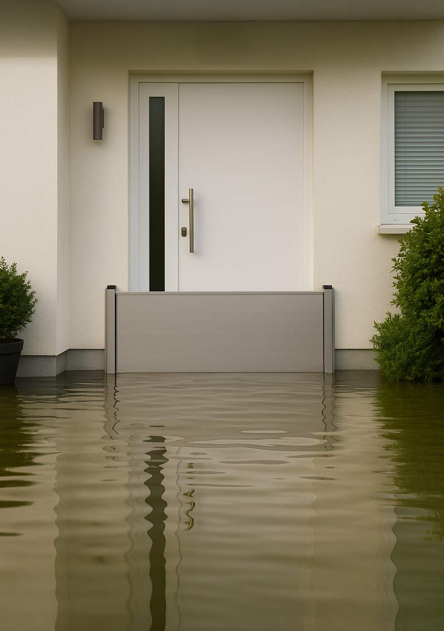 Hochwasserschutz an Haustür im Einsatz – effektive Barriere gegen Hochwasser und Überschwemmungen.